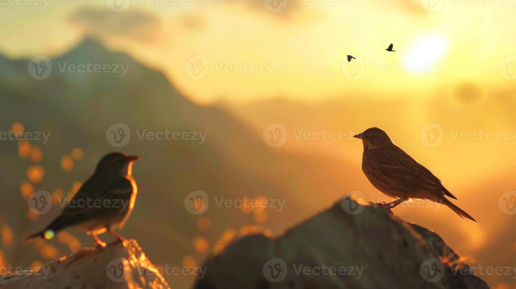 With the suns soft rays illuminating the horizon the defocused shadows of mountain peaks and perched birds form a dreamy scene of natures symphony. photo