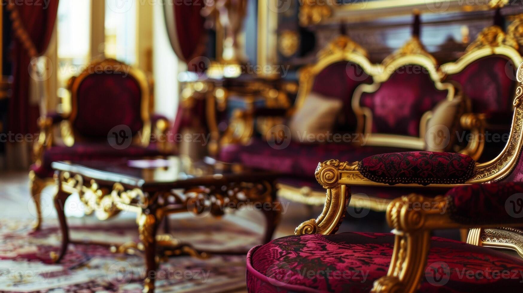 Defocused view of a luxurious room with a velvety deep purple background complementing the ornate gold and red furnishings. photo