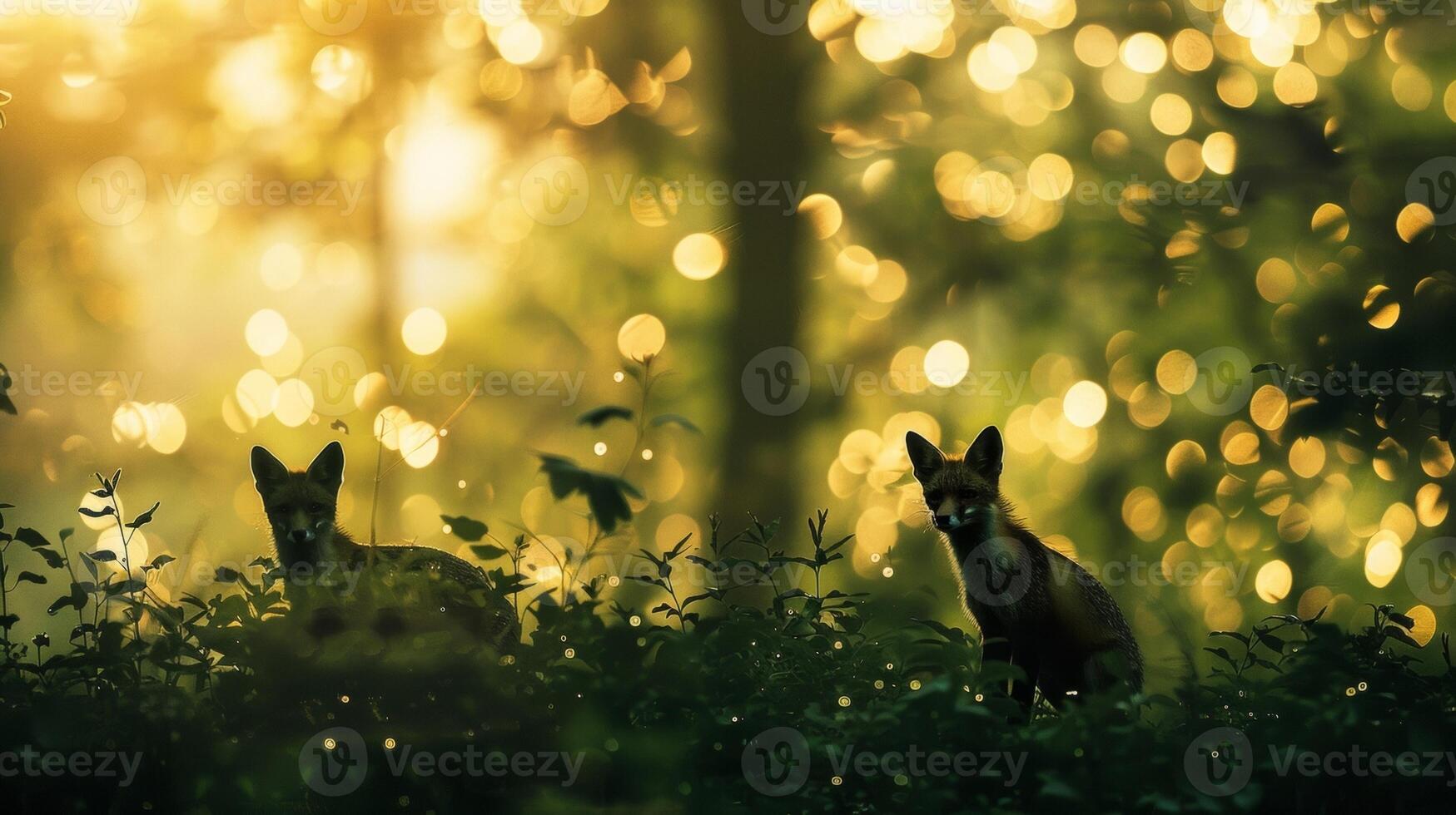 Amidst the deep greens of the forest a defocused image showcases the graceful silhouettes of a family of foxes frolicking against a sea of blurred trees and a goldentinged sky. photo
