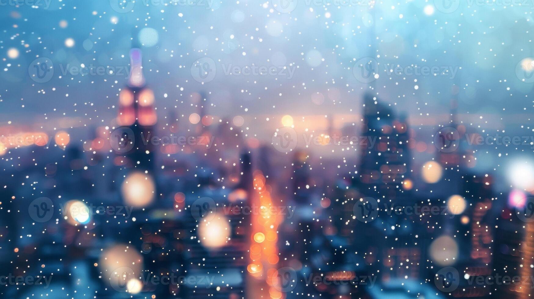A mesmerizing mix of blurred city lights and gently falling snow creating a beautiful and whimsical atmosphere in the heart of the urban metropolis. photo