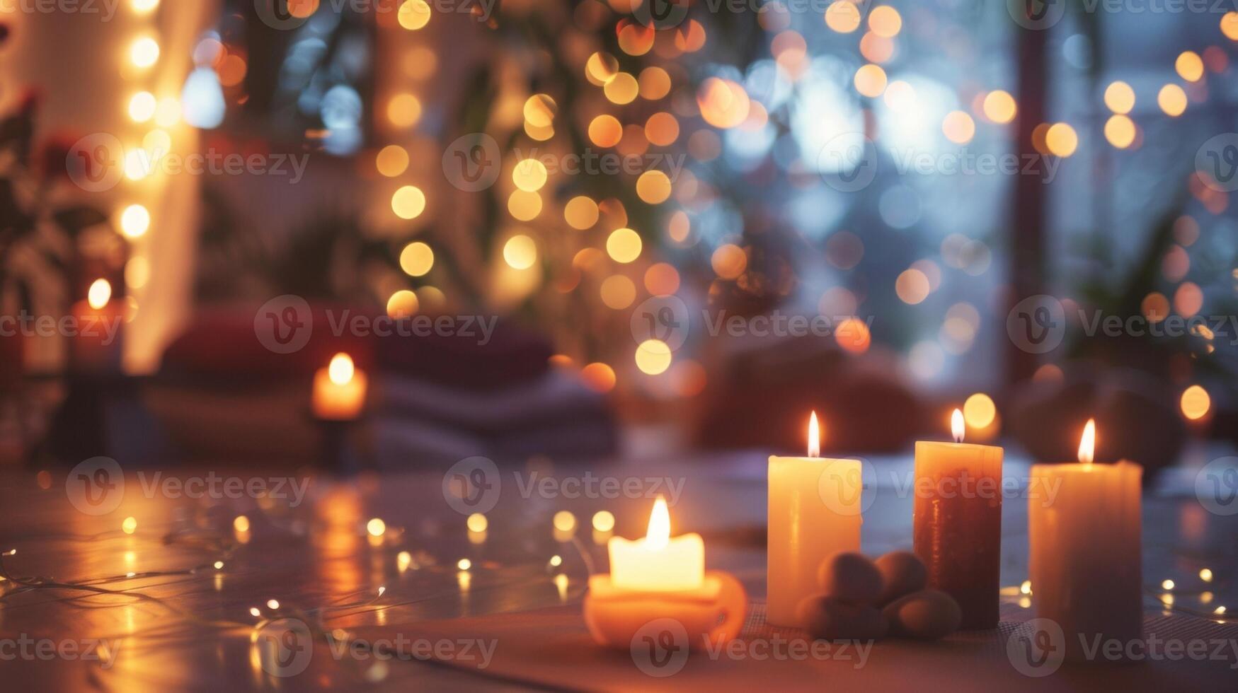 Defocused Yoga Room Atmosphere The flickering candles illuminate the dimlylit room creating a dreamy atmosphere as the surrounding yoga props and calming decorations fade into a blur. photo