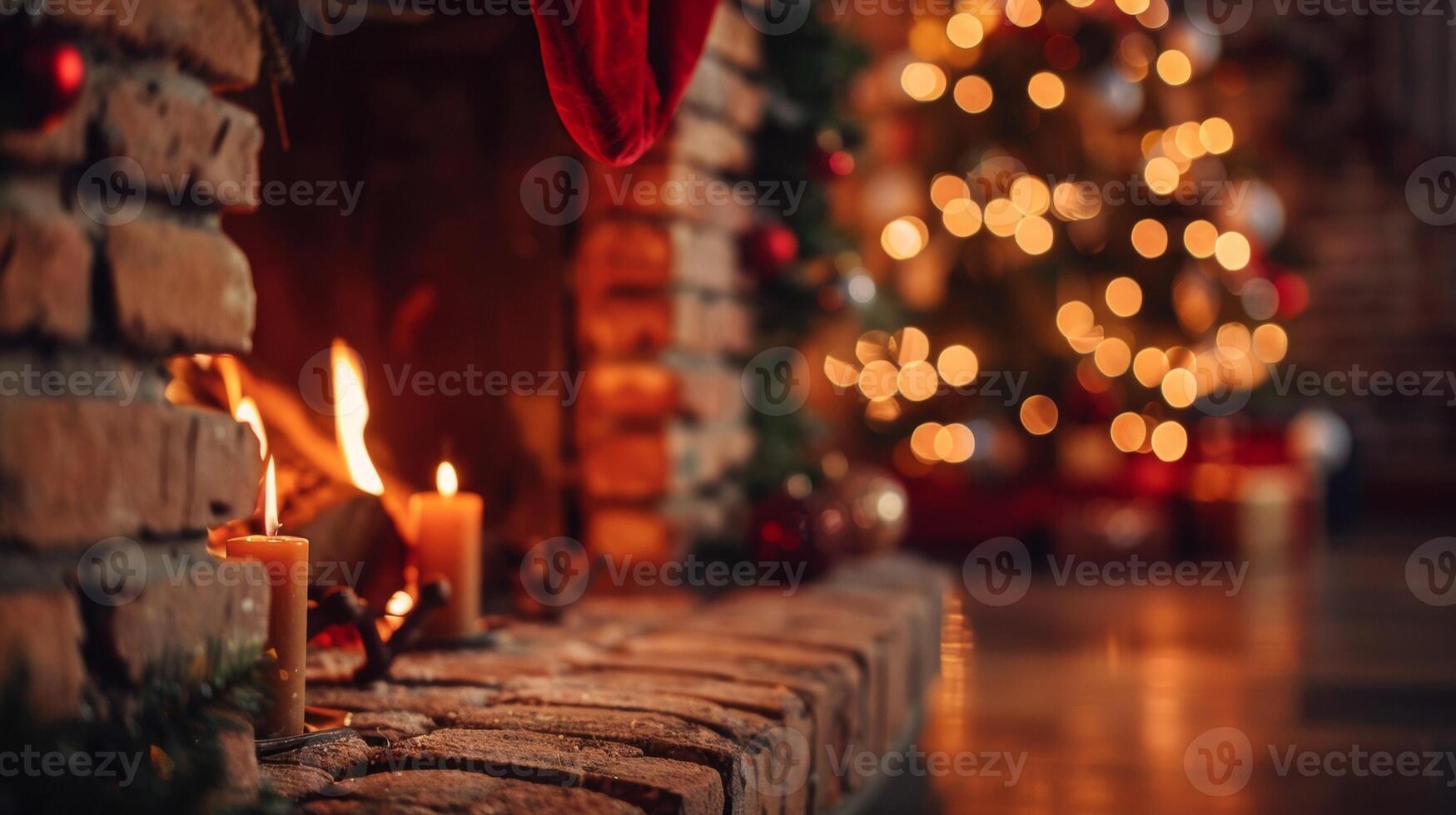 Defocused warm glow from a fireplace fills the frame illuminating a glimpse of a rustic brick wall in the background. The corners are adorned with cozy Christmas decorations bringing photo