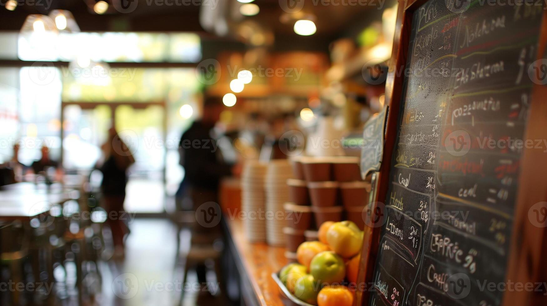 Amid the hustle and bustle of a vibrant coffee house a defocused chalkboard menu stands out with its handwritten daily specials teasing passersby with mouthwatering options. photo