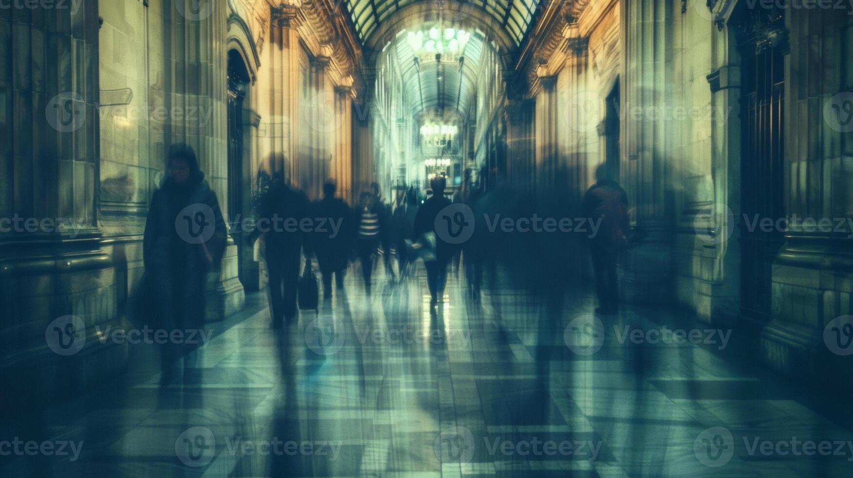 A blurred glimpse of a vast dimlylit hall with shadowy figures shuffling through faded documents and artifacts of a bygone era. photo