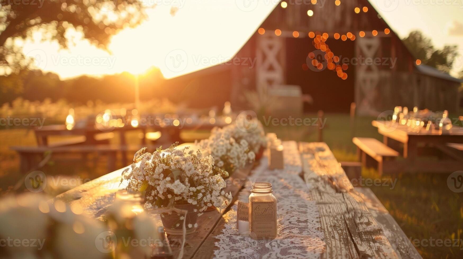A romantic sunset casts a warm glow over a rustic wedding reception with a defocused old barn and wooden tables dd in delicate lace and burlap. photo