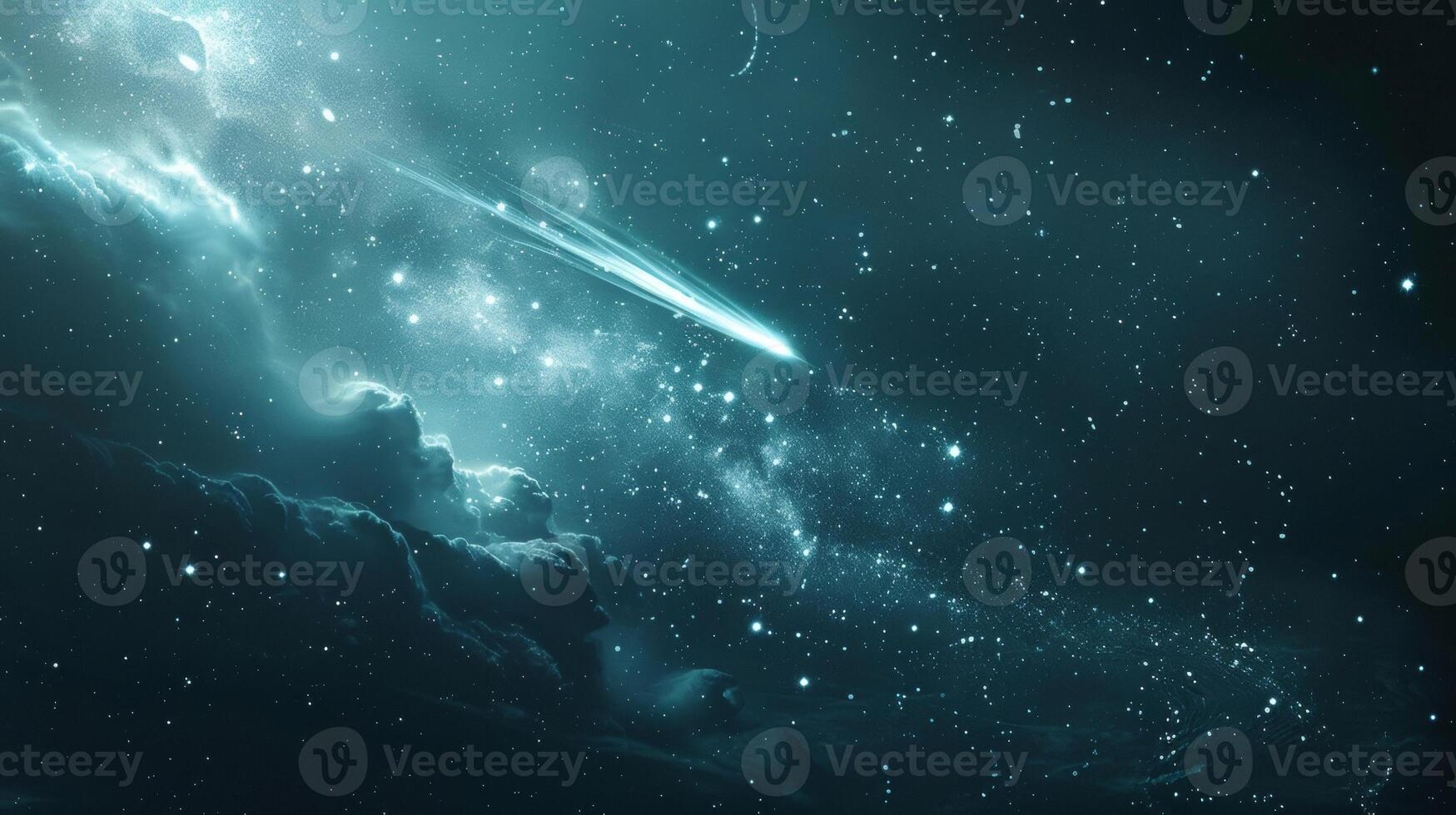 An ethereal comet gracefully streaking across the sky surrounded by a sea of softfocus stars. photo