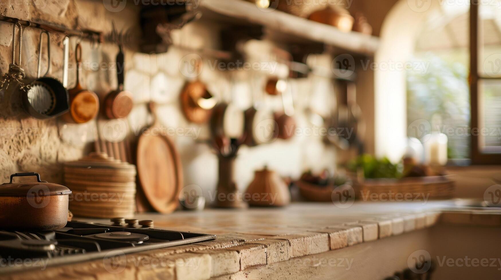 A defocused background of a quaint rural kitchen with a stone countertop oldfashioned stove and a hanging display of woven kitchen utensils. photo