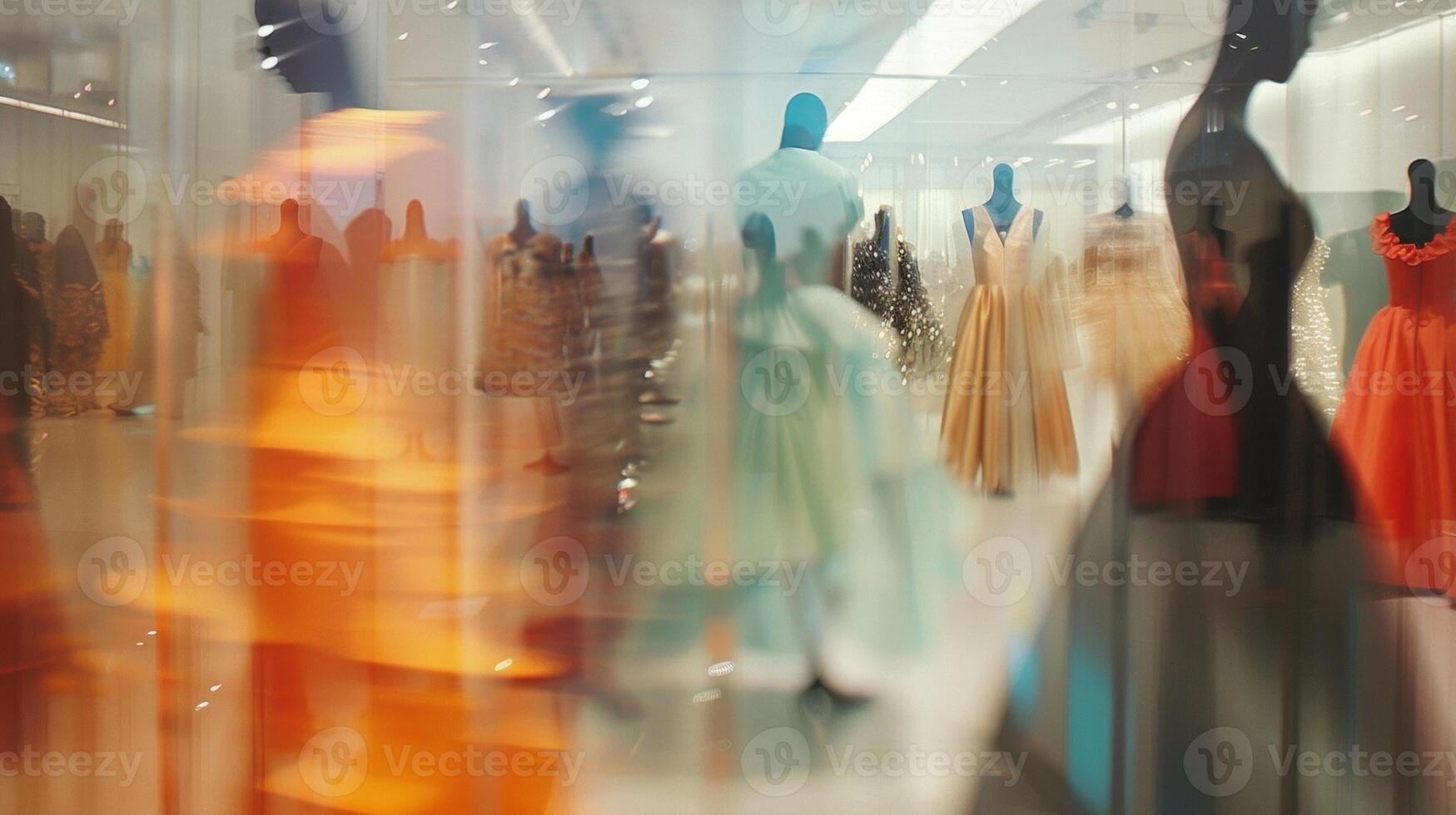The abstract shapes of elegant dresses and intricate accessories blur together in the defocused background of the fashion exhibition creating a dreamlike and ethereal ambiance. photo