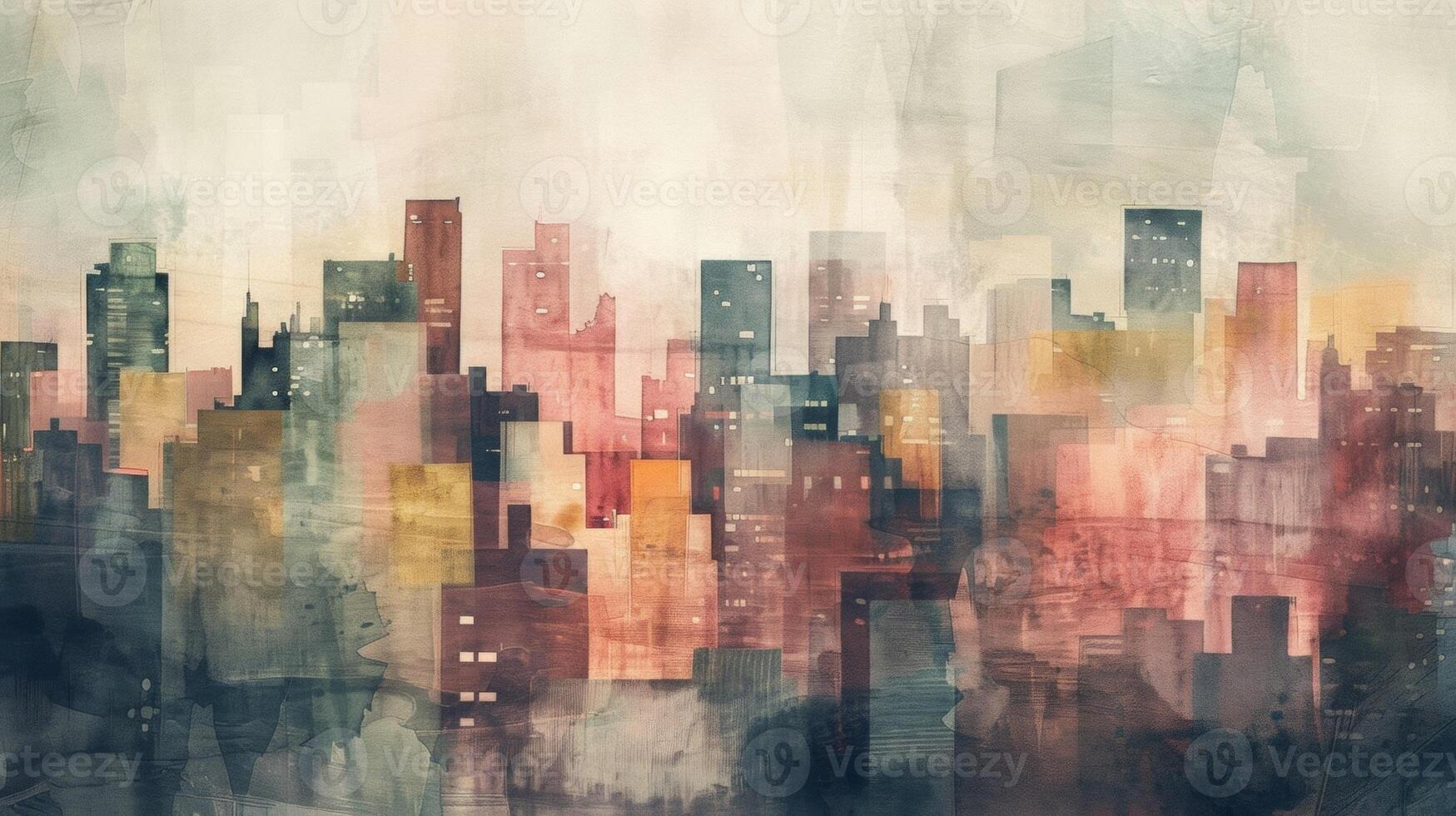 Soft layers of faded structures blend together in a tapestry of smudged lines evoking a sense of whimsical charm in this defocused watercolor cityscape. photo