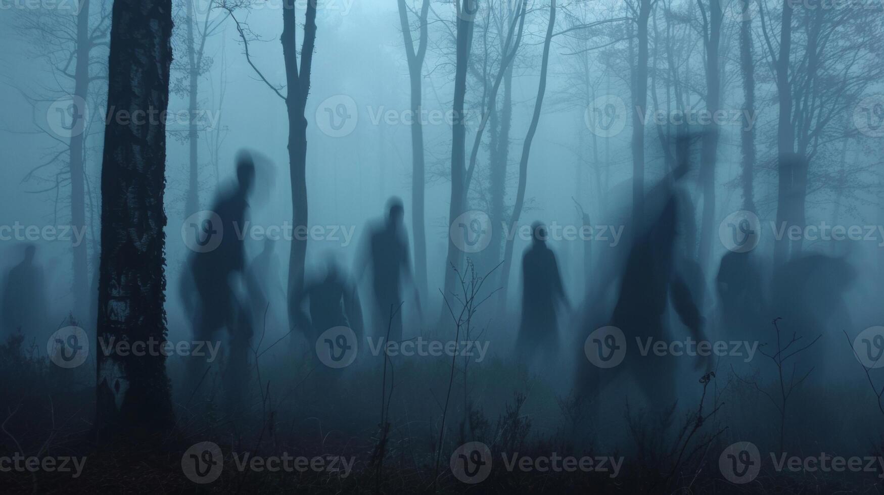 A deserted foggy forest with an eerie mist blanketing the trees. The blurred figures of unknown creatures lurk in the shadows adding an element of suspense to the atmosphere. photo