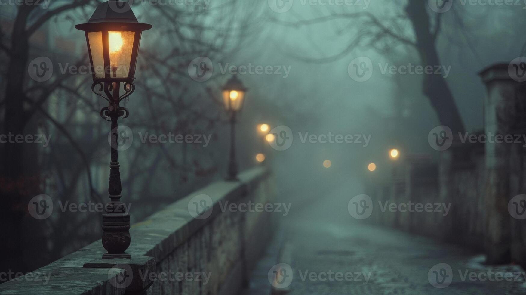 Defocused foggy streets lined with old lampposts and abandoned buildings transporting the viewer to a bygone era where time stands still. photo