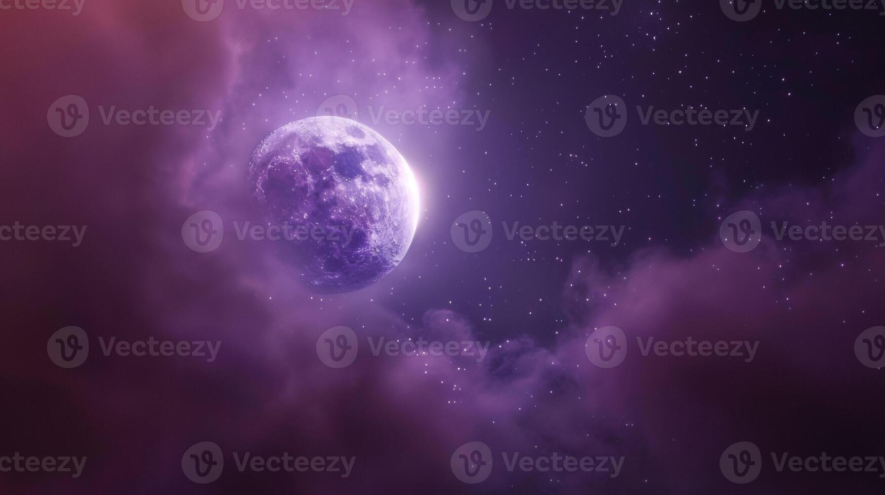 Defocused scene of a mystical lunar eclipse with the moon hidden behind a veil of hazy purple clouds and ling star s tered throughout the night sky. photo