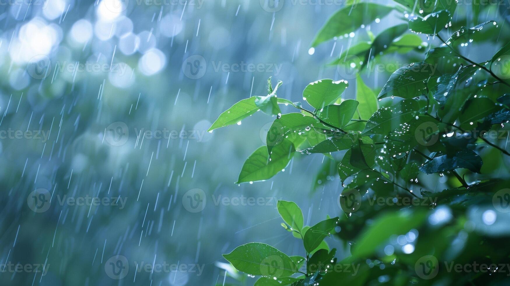 Raindrops streak down the outoffocus background adding a dynamic element to the image. In the distance the mist is dense and has a slightly bluish tint giving the impression of a heavy photo