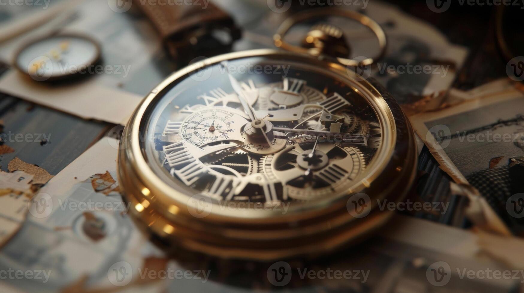 A blur of intricate clockwork set against a faded backdrop of vintage photographs and aged paper evoking a feeling of being lost in a forgotten time. photo