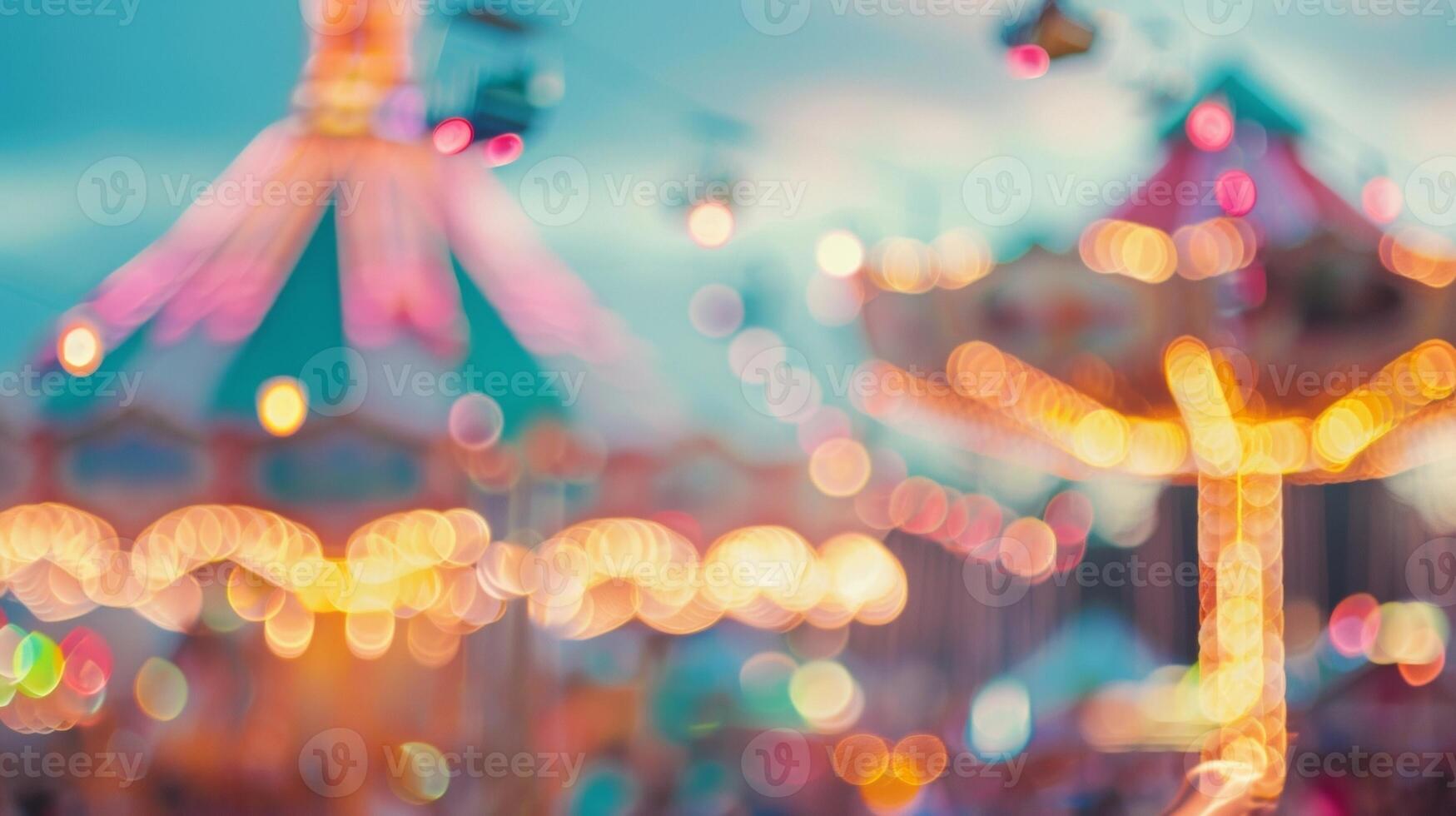 Soft pastel hues blending in the distance as if painted with watercolor create a dreamy backdrop for a bustling summer carnival teeming with laughter and excitement. photo