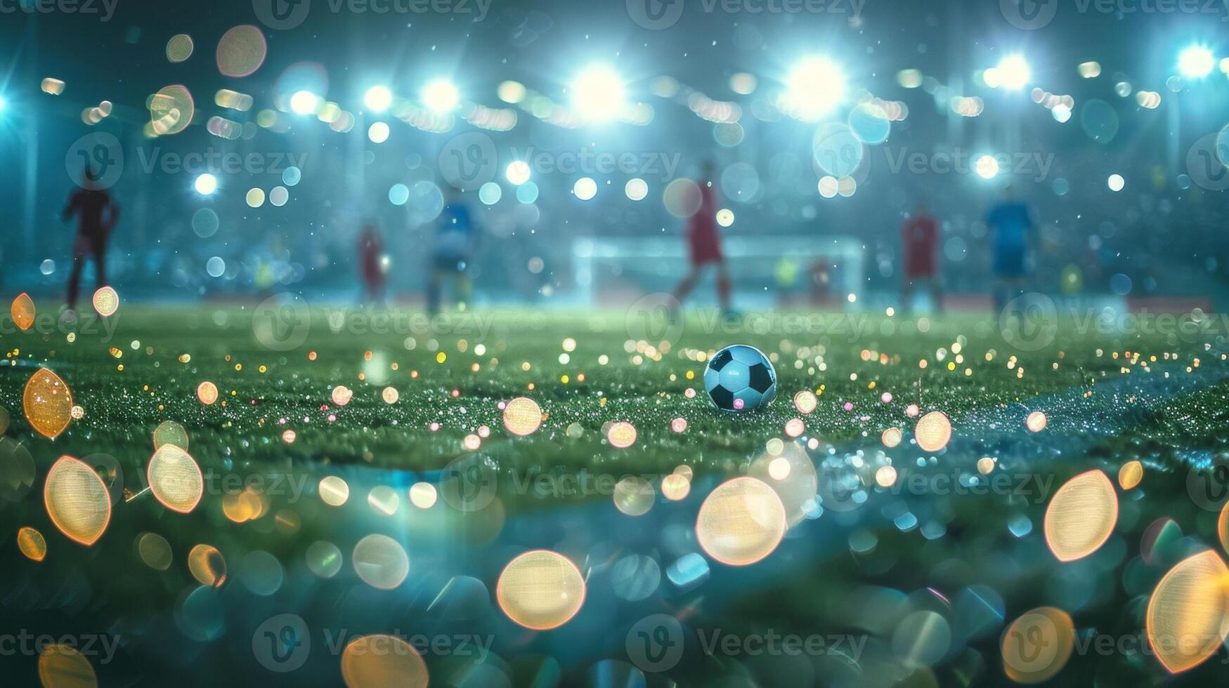 Floating orbs of stadium lights create a dreamy defocused atmosphere as players battle for possession on the field in front of a roaring crowd. photo