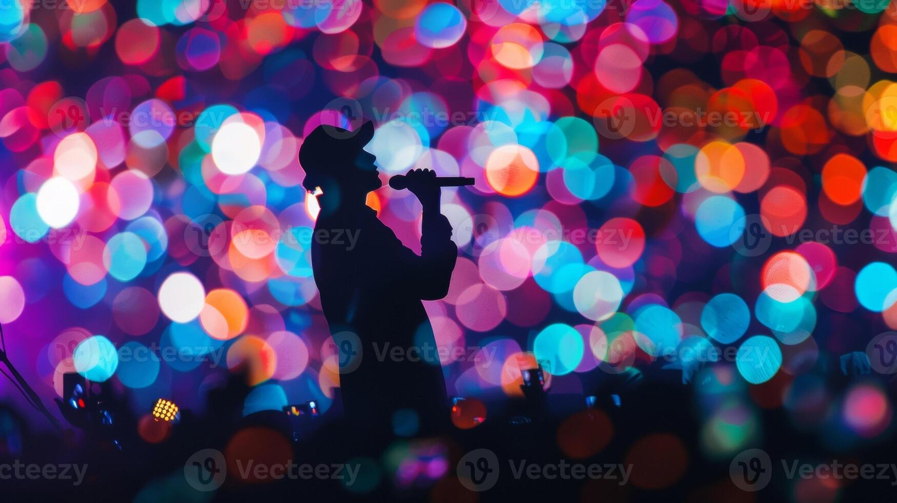 As the lead singers silhouette dominates the stage the defocused glow of the crowd becomes a colorful mosaic of hands and flashing cell phone lights creating a surreal backdrop for photo