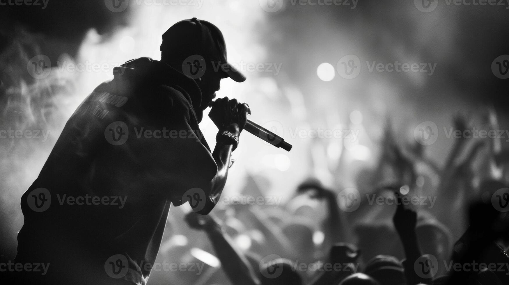 The blurry background of a rap concert reveals a sea of bodies writhing to the beat as the artist on stage dominates the foreground with their raw unbridled passion and commanding photo