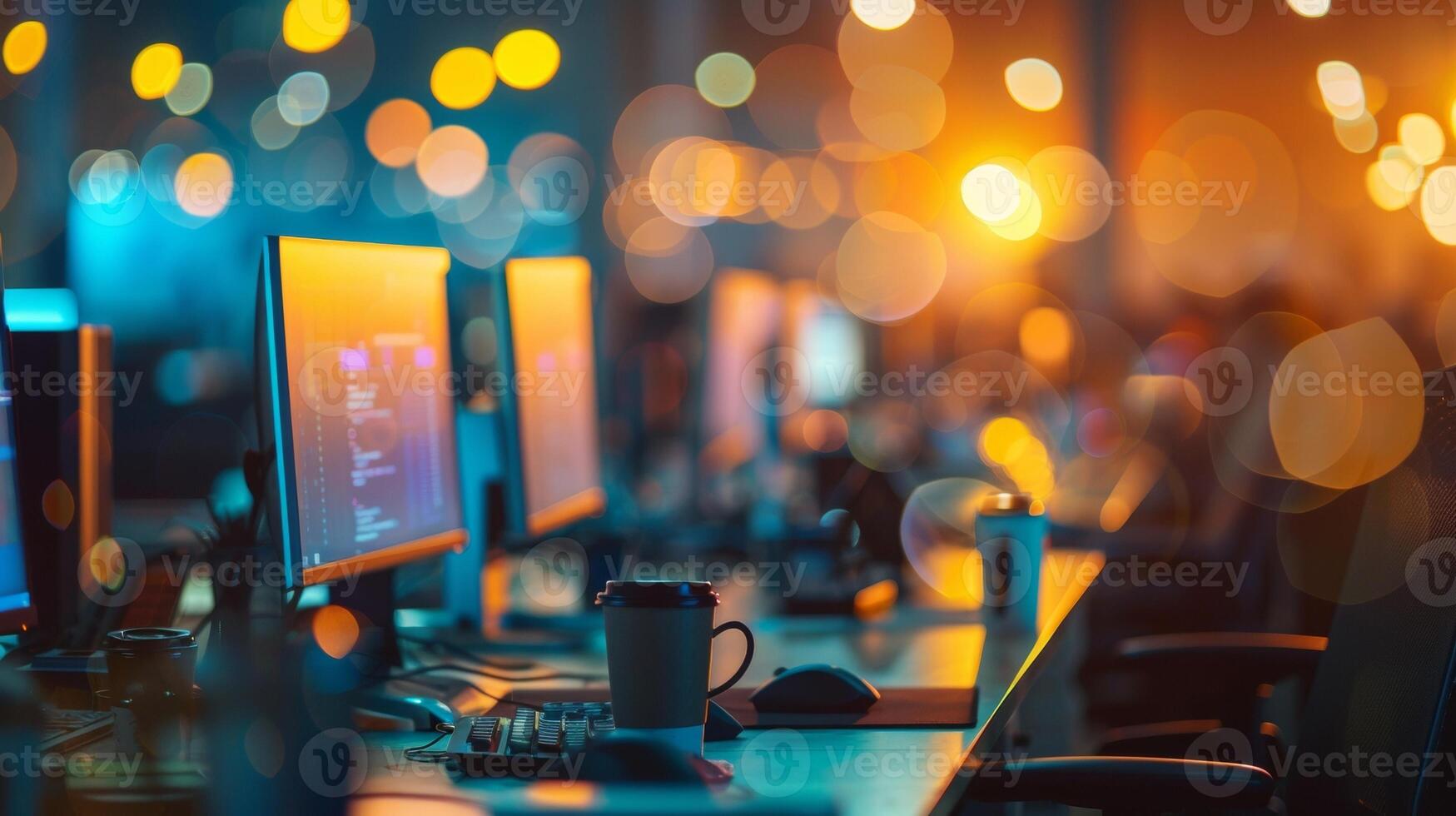 A sea of glowing computer screens and tered coffee cups forms a hazy backdrop capturing the Silicon Valley vibe of roundtheclock productivity and creativity. photo