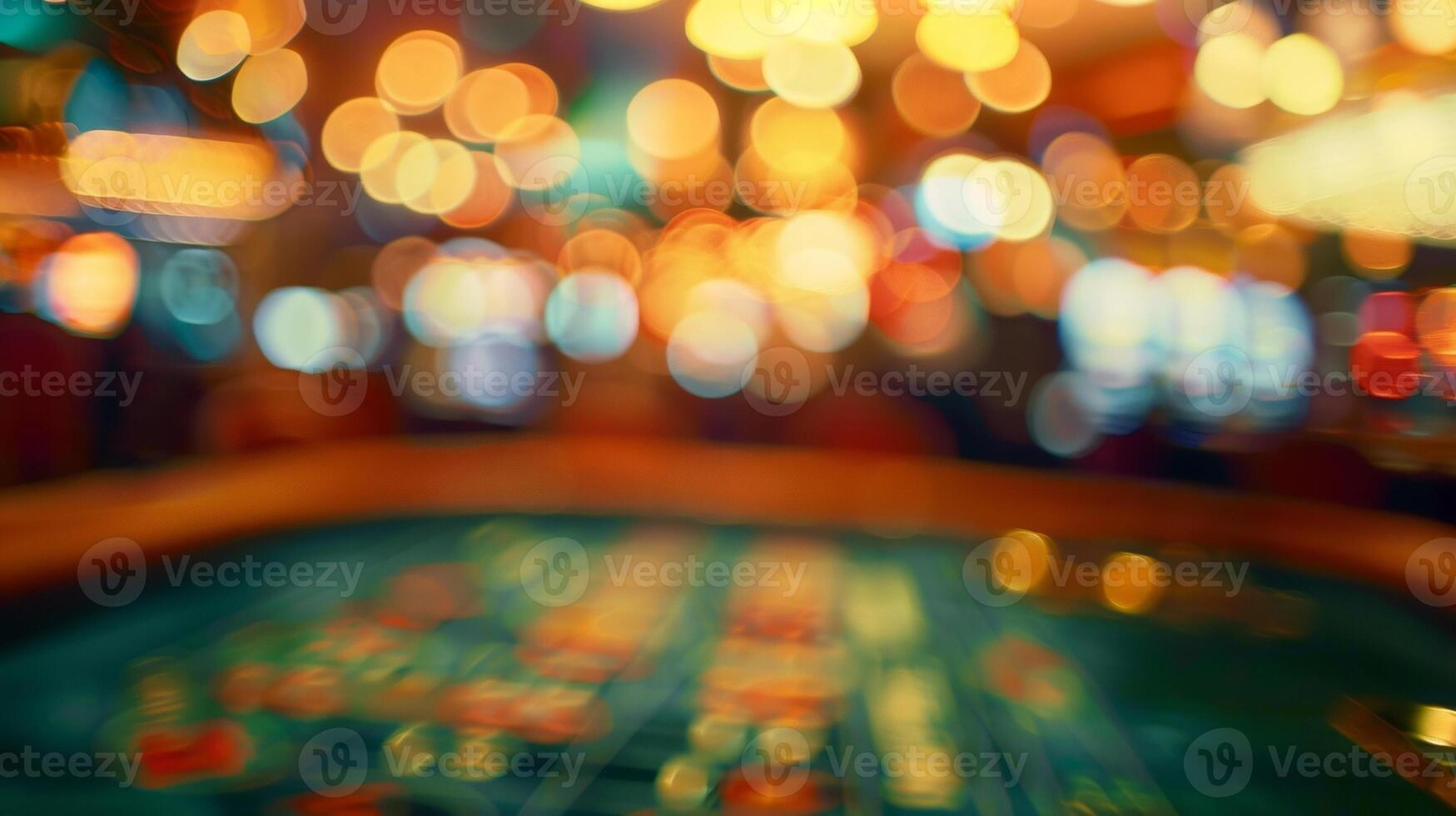 A dreamy bokehfilled image of a s table surrounded by a sea of blurred faces illuminated by the soft muted lighting of the casino. photo