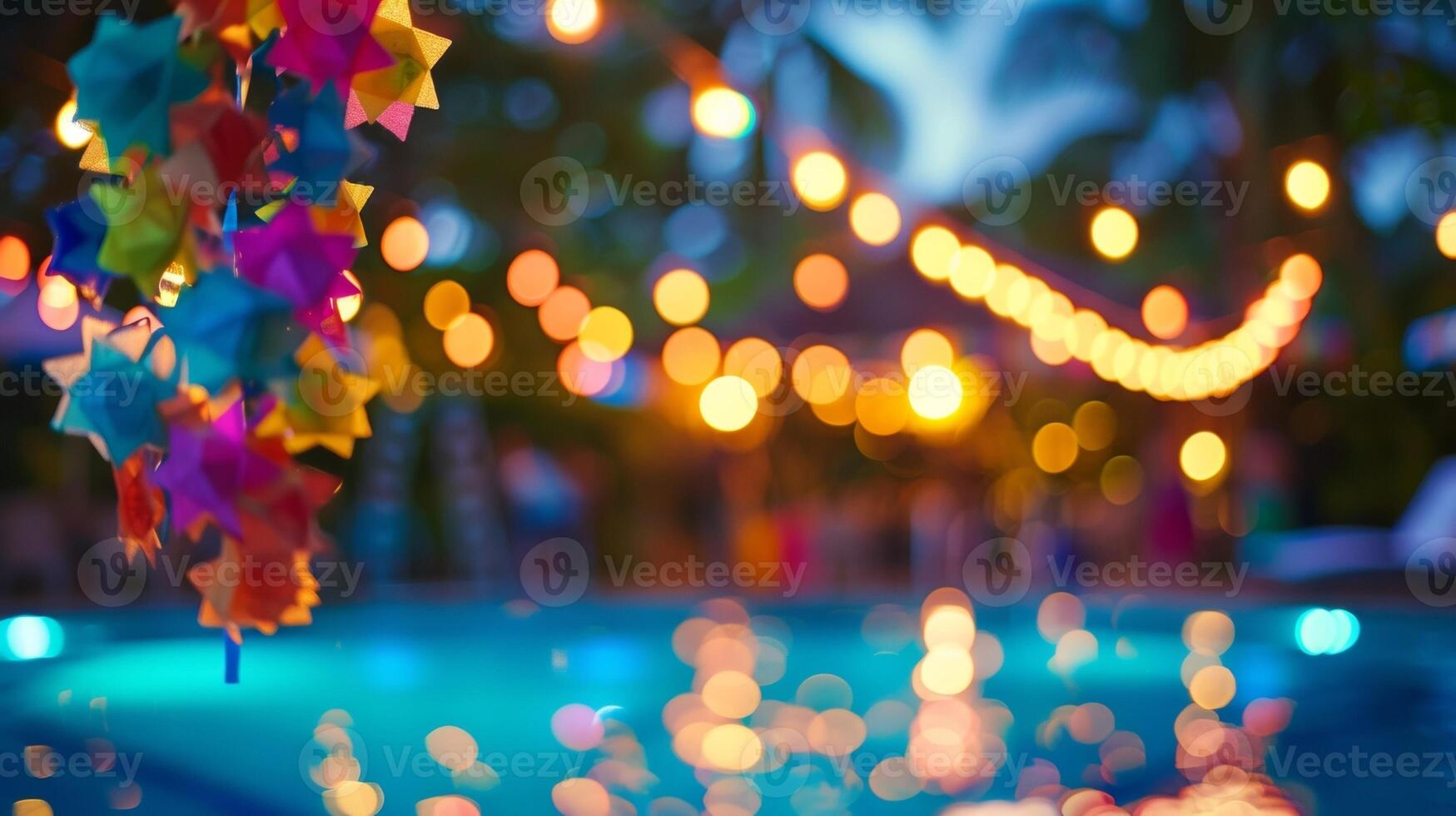 Soft blurred lights strung along the edges of the pool casting a warm glow over the partygoers as they mingle and dance to the upbeat music. The bright and bold decorations of pinatas photo