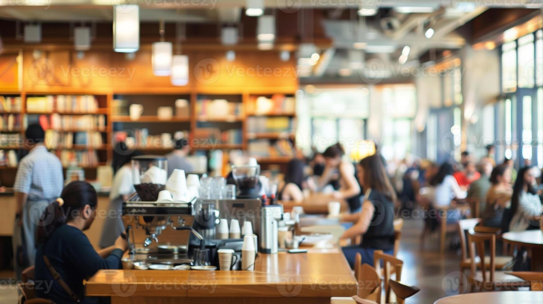 A defocused view of a bustling cafe corner in the library with baristas at work behind the counter and customers gathered around tables in lively conversations. The blurred scene captures photo