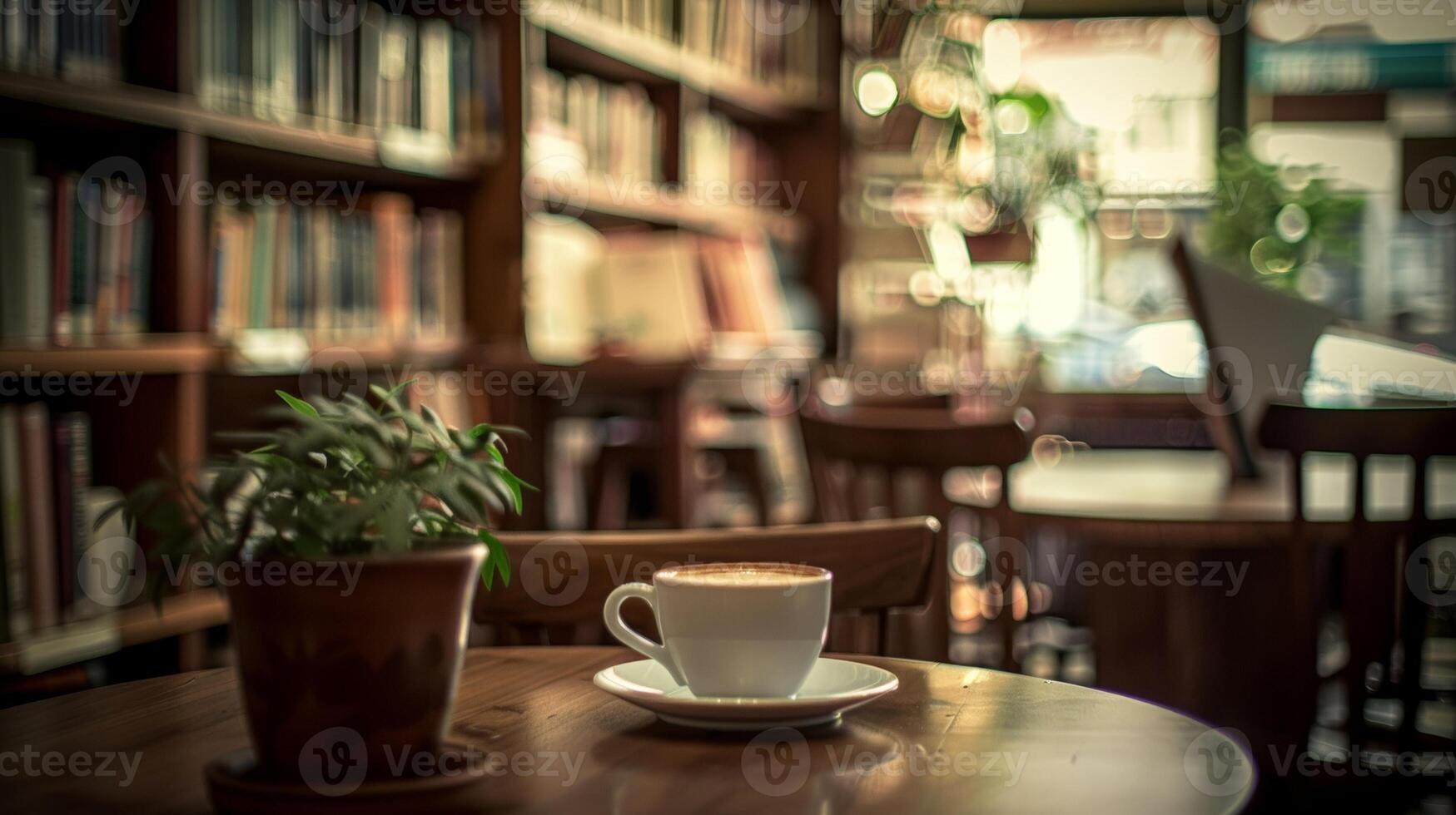 A hazy image of a small cafe tucked away in a quiet corner of the library where book lovers come to relax recharge and connect over a cup of coffee. The defocused background accentuates photo