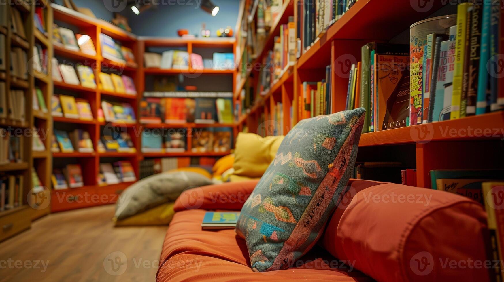 A cozy reading nook is nestled in the corner of the Bibliophiles Zone surrounded by shelves teeming with books. The background is defocused creating an almost otherworldly feel that photo