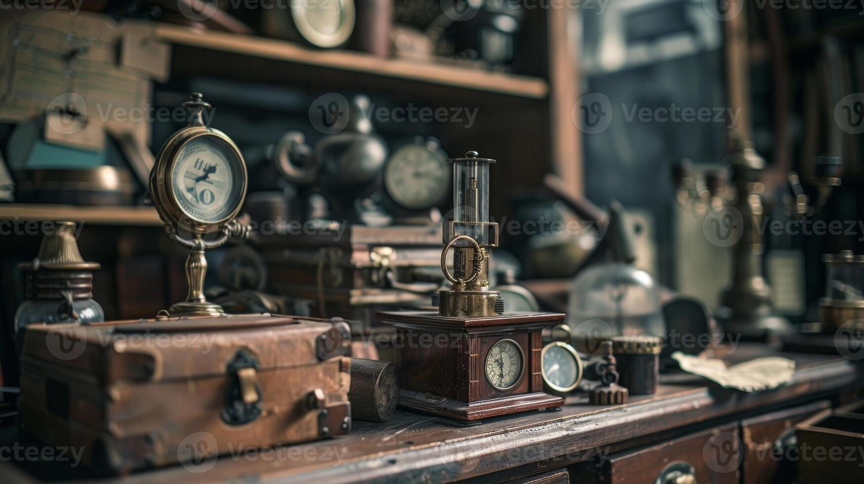 The background fades into an oldfashioned display of delicate relics transporting the observer to a bygone era and sparking a sense of curiosity and wonder. photo