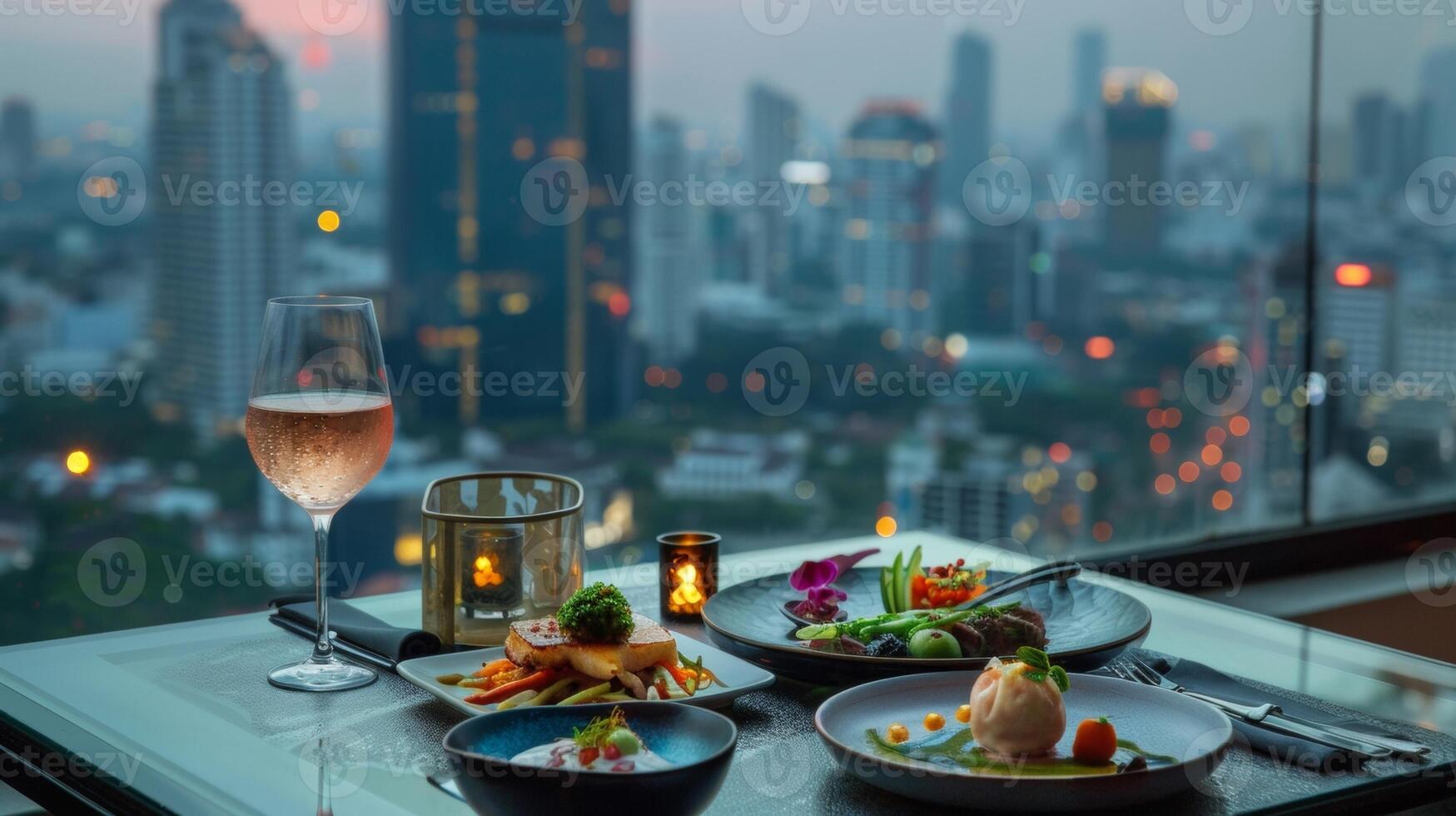 The cityscape turns into a hazy dream as the camera focuses on the intricately plated dishes that sit on the table. In the midst of the bustling urban landscape this rooftop bar offers photo