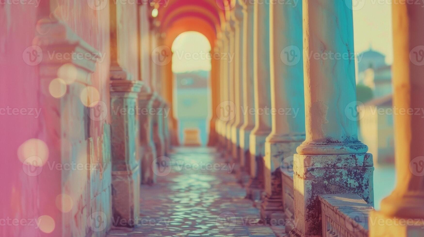 Defocused pastel hues of blurred temples and columns transport viewers to ancient civilizations long forgotten sparking a sense of nostalgia and reflection on the passage of time. photo