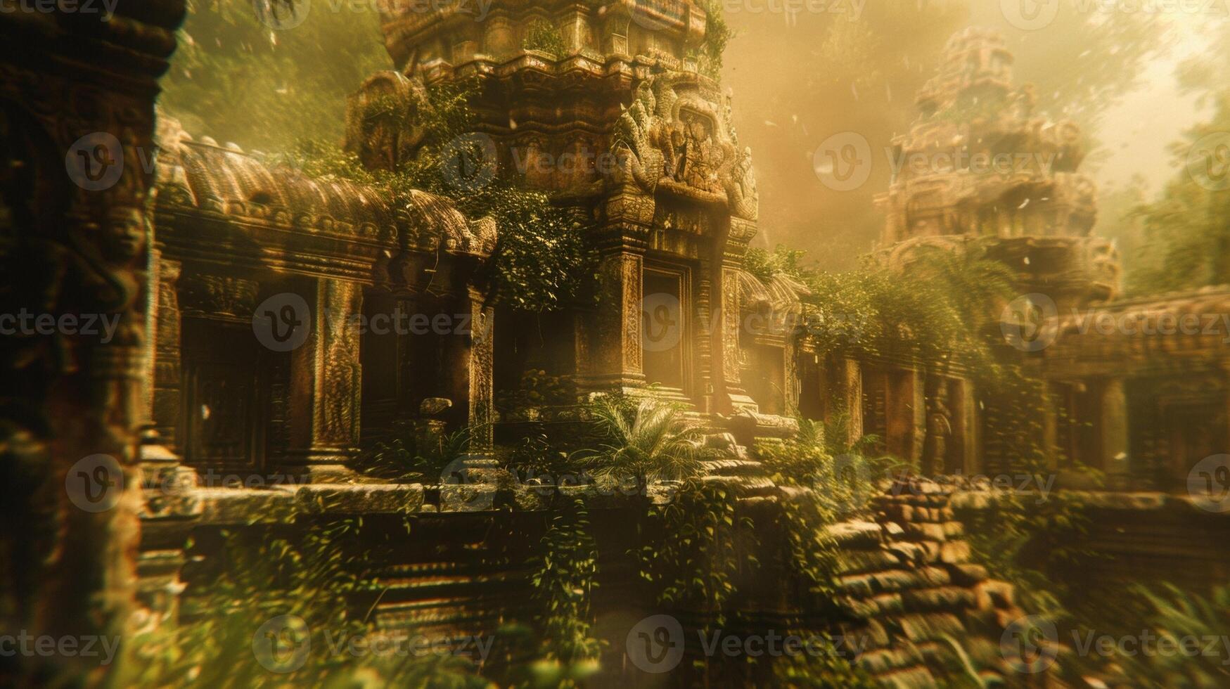 Blurred Ancient Ruins Ast overgrown foliage and tered stones the ruins of an ancient civilization emerge their opulence and grandeur still visible through the dreamlike defocused haze. photo