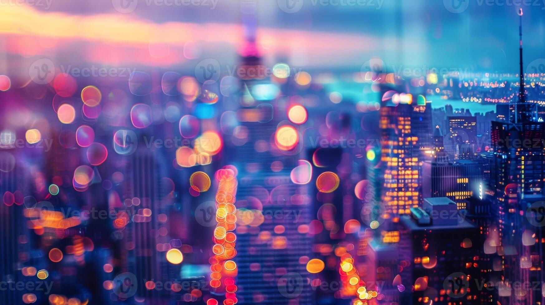 Defocused Urban Skyline Glimmers of light from the bustling city below peek through the blurred bokehfilled skysers creating a mesmerizing backdrop for the neonlit streets. photo