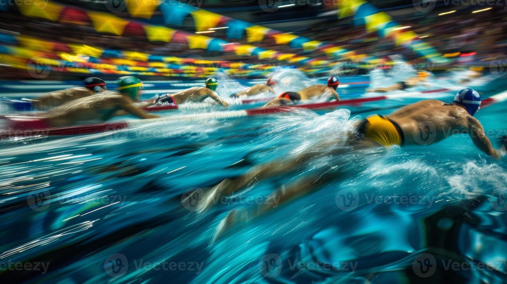 A dynamic and chaotic view of a swimming race in progress with the water appearing almost ethereal in its blurriness and the swimmers indistinguishable in their fastpaced strokes all photo