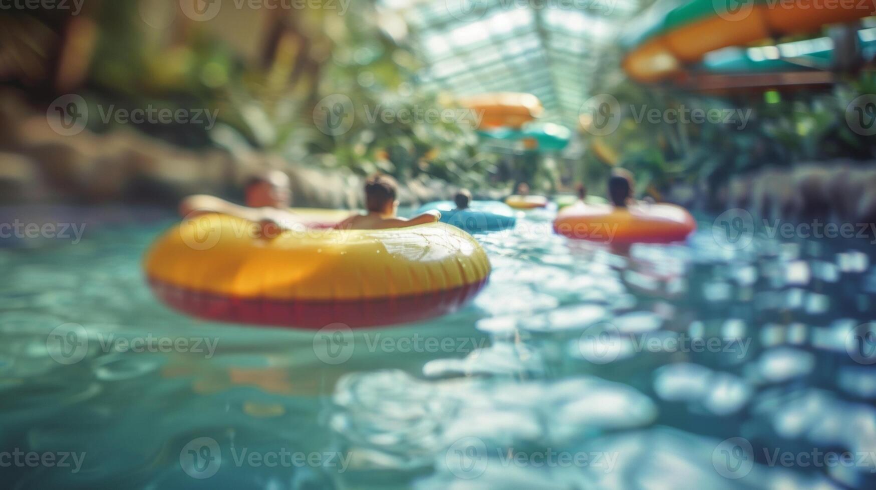 Defocused The hazy view of a family floating lazily on colorful tubes in the lazy river laughter echoing through the cavernous indoor water park. photo