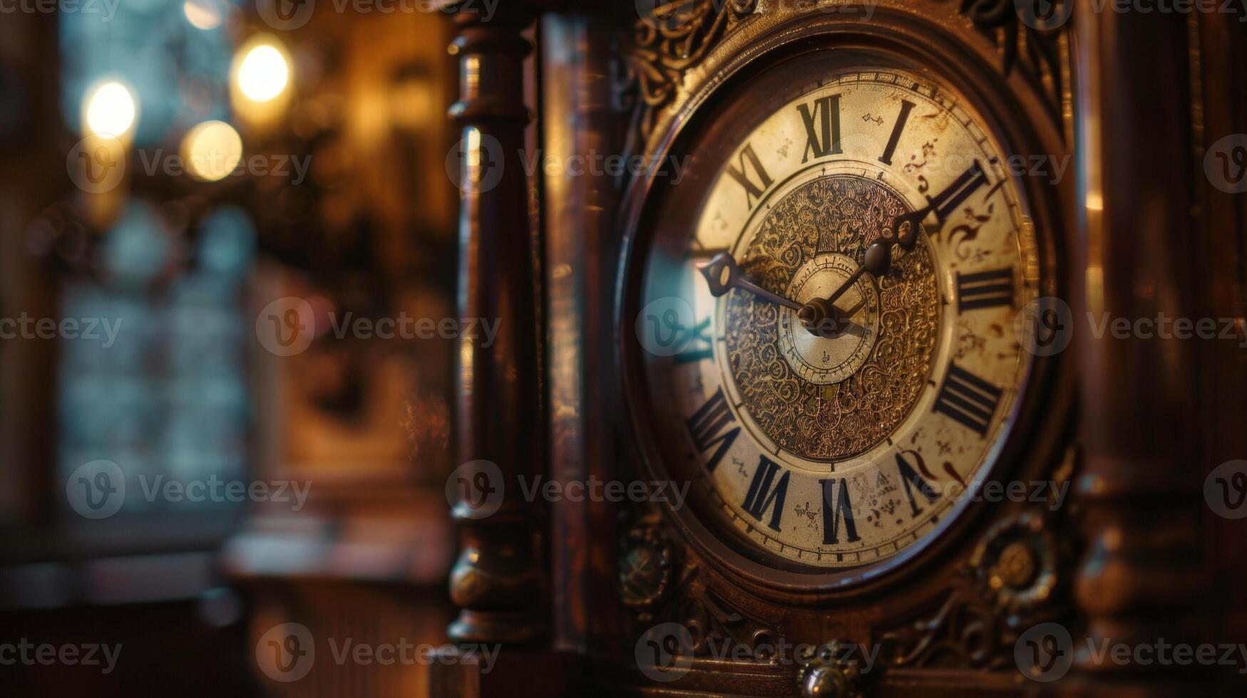 The soft blur of an aged grandfather clock in a dimly lit room the hands frozen in time and its chimes echoing through the empty space adding to the mesmerizing aura of the antique photo