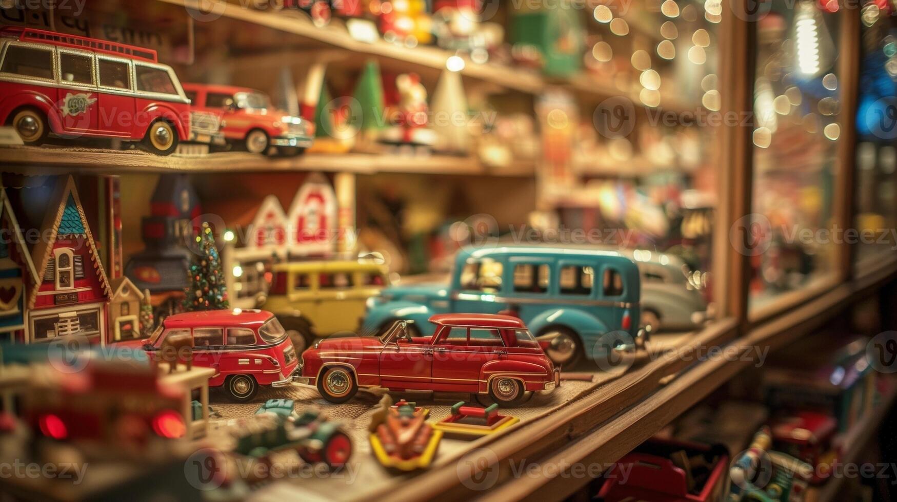 Hazy image of a quaint boutique overflowing with retro toy cars handcrafted puzzles and antique dollhouses igniting a sense of nostalgia and joy. photo