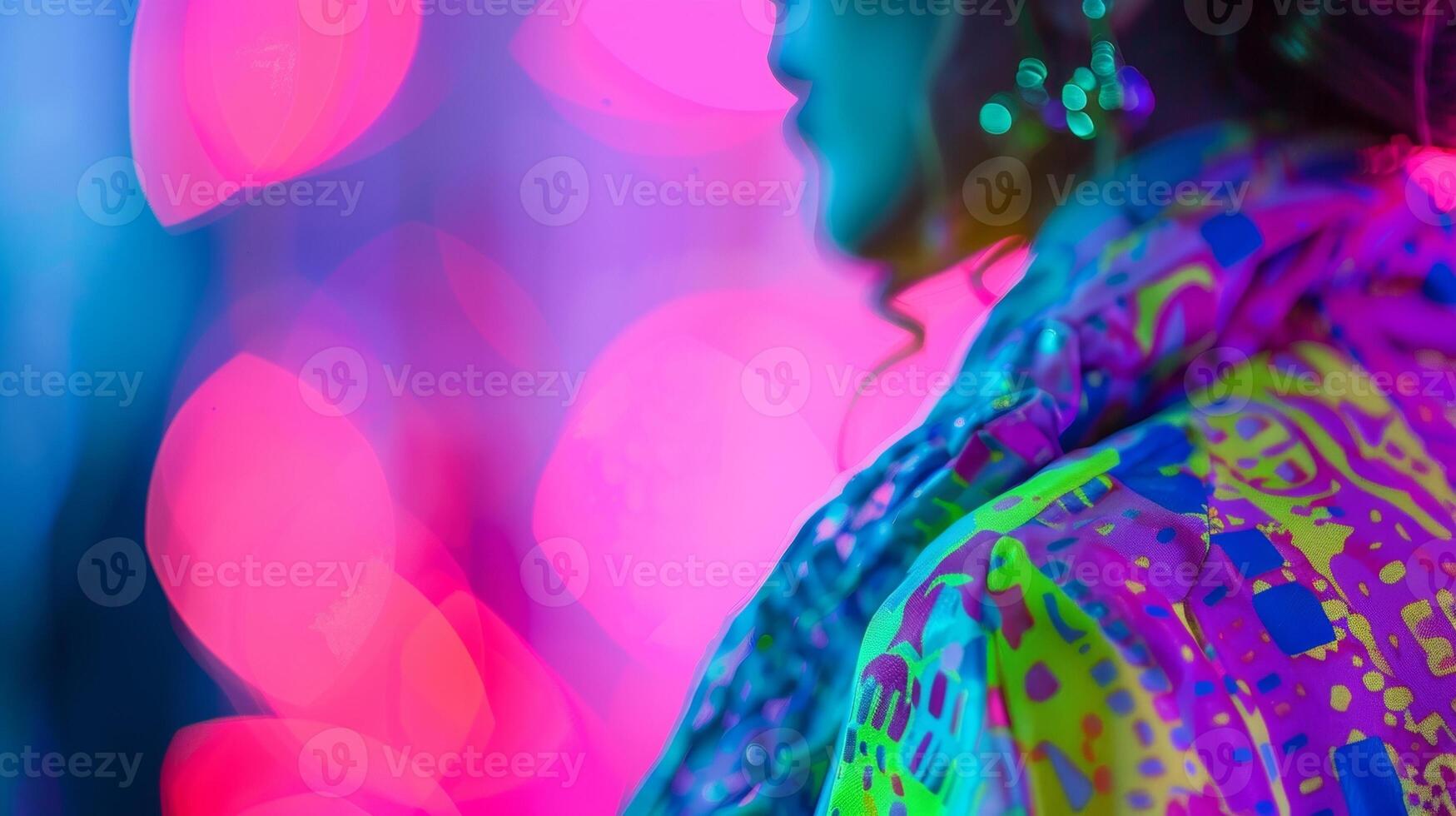 Defocused background image of vibrant and eclectic ComicCon Style Colourful attire. Blurred flashes of neon green hot pink and electric blue can be seen paired with unconventional photo