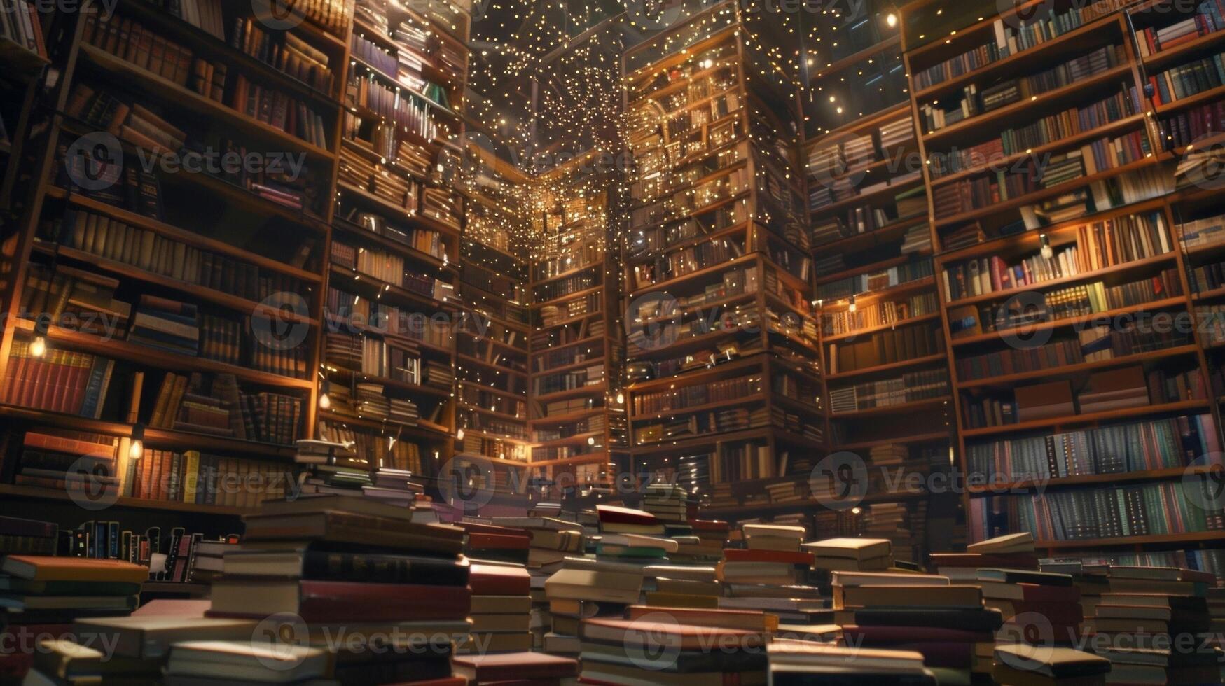 A soft unfocused glow surrounds the towering stacks of books inviting visitors to lose themselves in the boundless realm of knowledge at Infinite Knowledge Showcase. photo