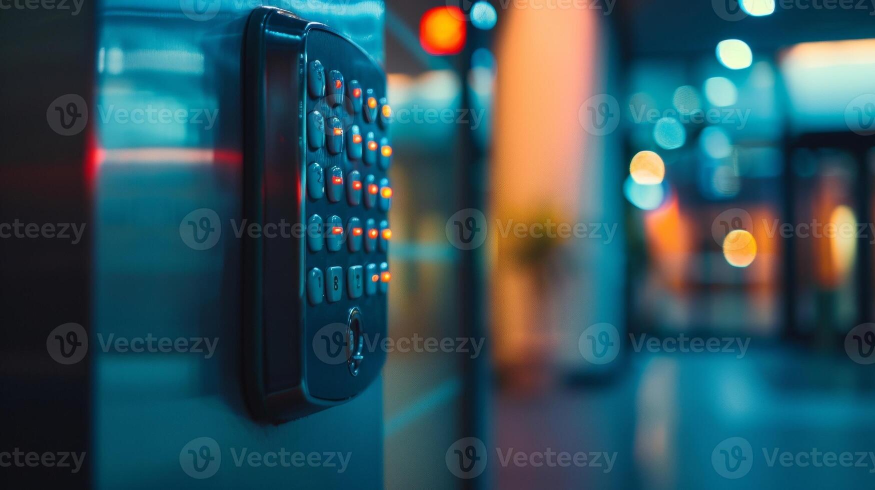 A defocused backdrop of a key pad entry system creating a soft and blurred effect. The nondescript location adds to the mystery and anticipation of what lies beyond the secure entrance. photo