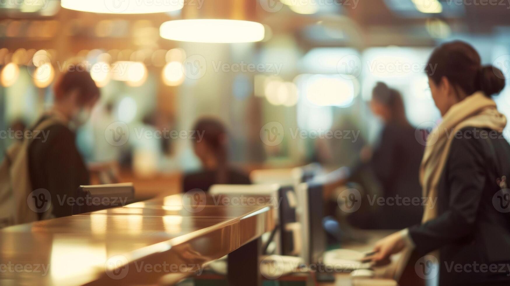 A gentle blur of busy bankers and clients interacting at service desks with a warm and inviting ambiance in the background. photo