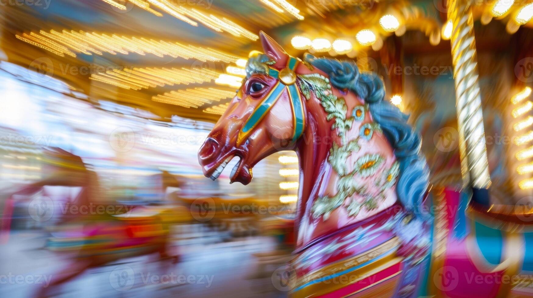 A whimsical blur of a vintage carousels ornate details and vibrant colors evoking a sense of wonder and childlike joy. photo