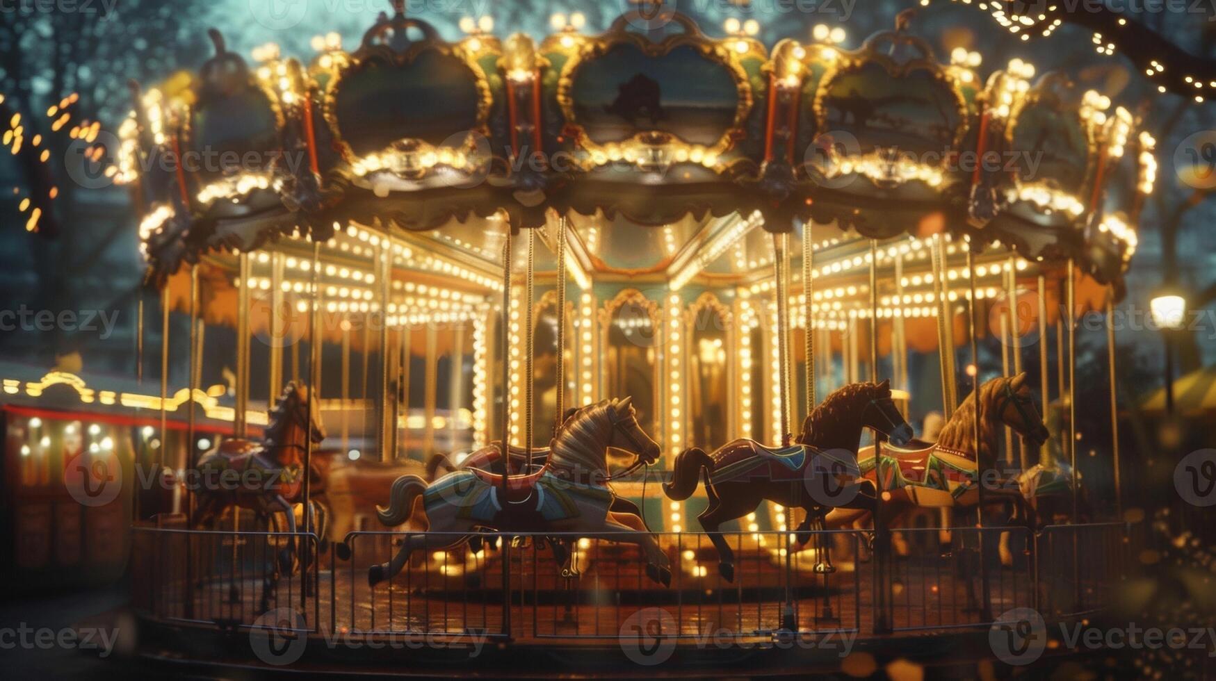 The hazy dreamlike ambiance of a vintage carousel charm its intricate carvings and whimsical animals fading into a blurred magical backdrop. photo