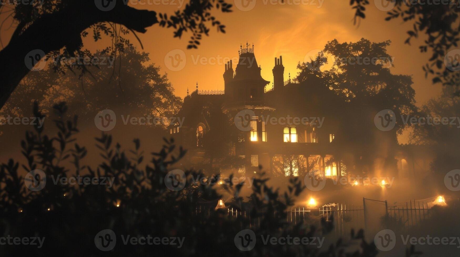Through a haze of cobwebs and fog a haunted mansion looms in the background its silhouette eerily illuminated by dim flickering lights. The perfect setting for a spinechilling night photo