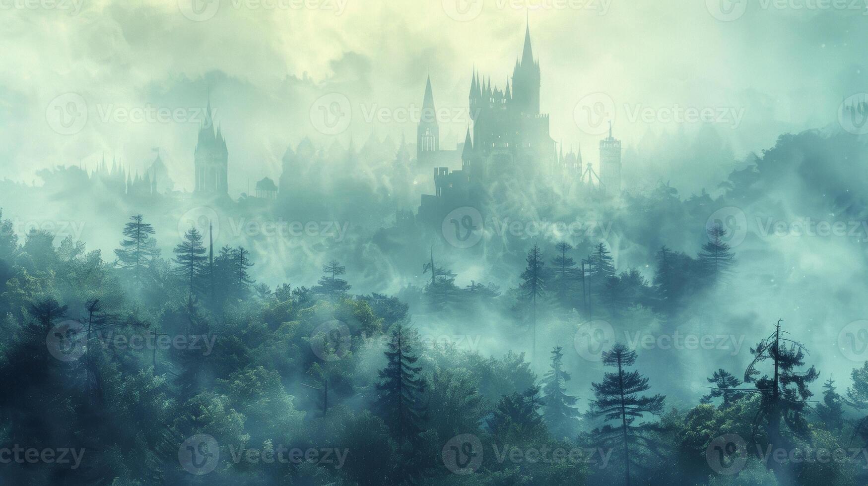 A hazy blurred background of misty forests and ethereal castles evokes a sense of magic and wonder transporting the reader into the realm of fantasy. photo