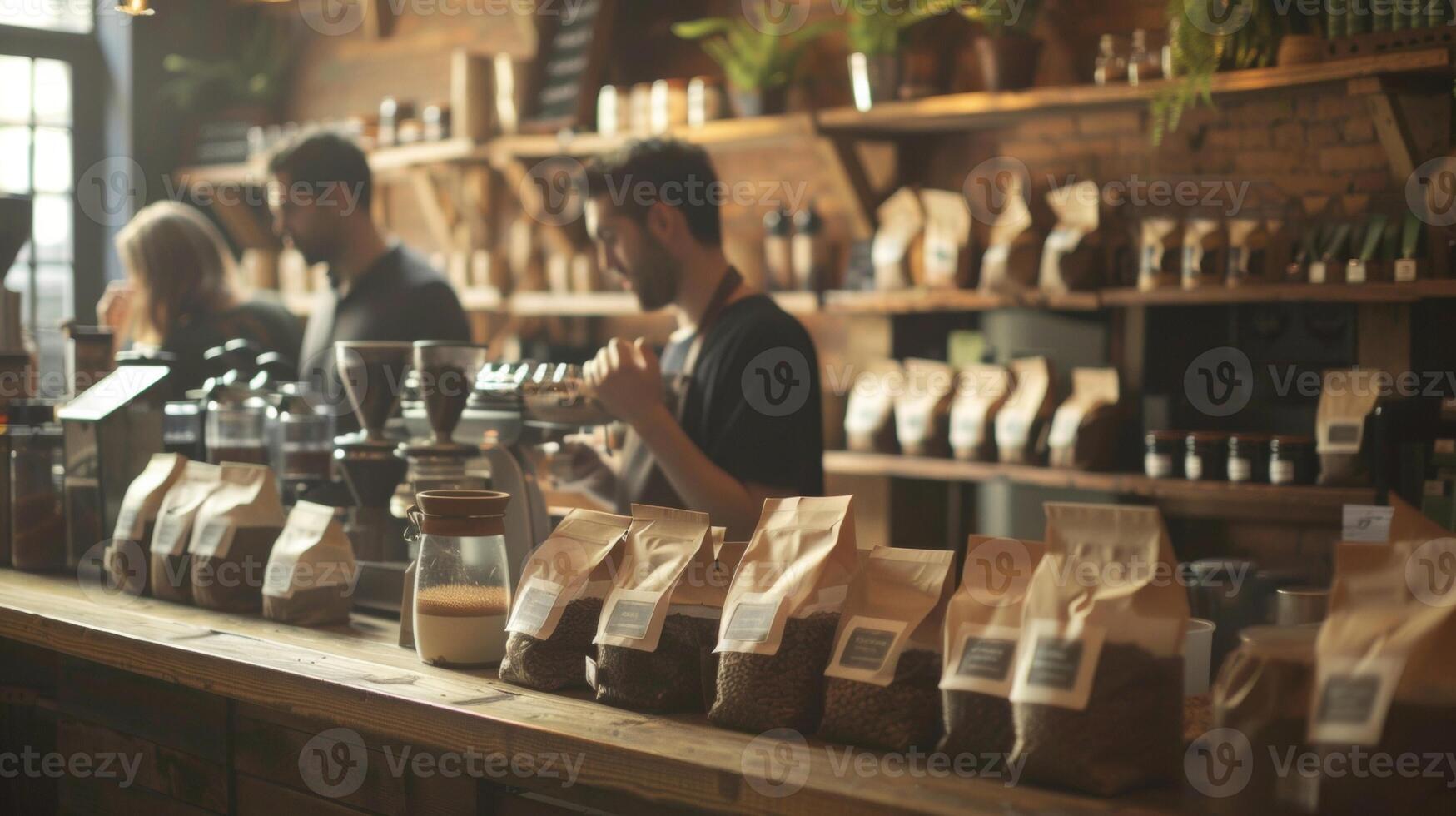 A hazy background of rustic wooden shelves lined with bags of freshly roasted coffee beans highlighting the busy baristas in action. photo