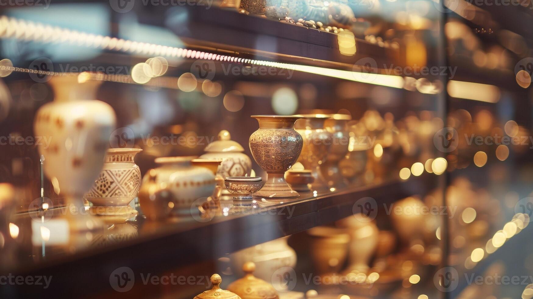 In this defocused background image rows of ancient artifact exhibits can be seen through the glistening lights of a glass display case. Faint reflections of visitors admiring the delicate photo
