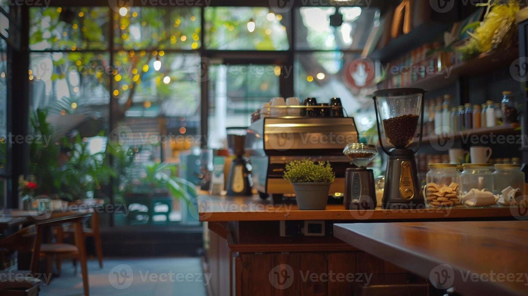 The blurred background of this coffee house reveals glimpses of cozy corners and lively conversations inviting you to immerse yourself in the warm and welcoming space. photo