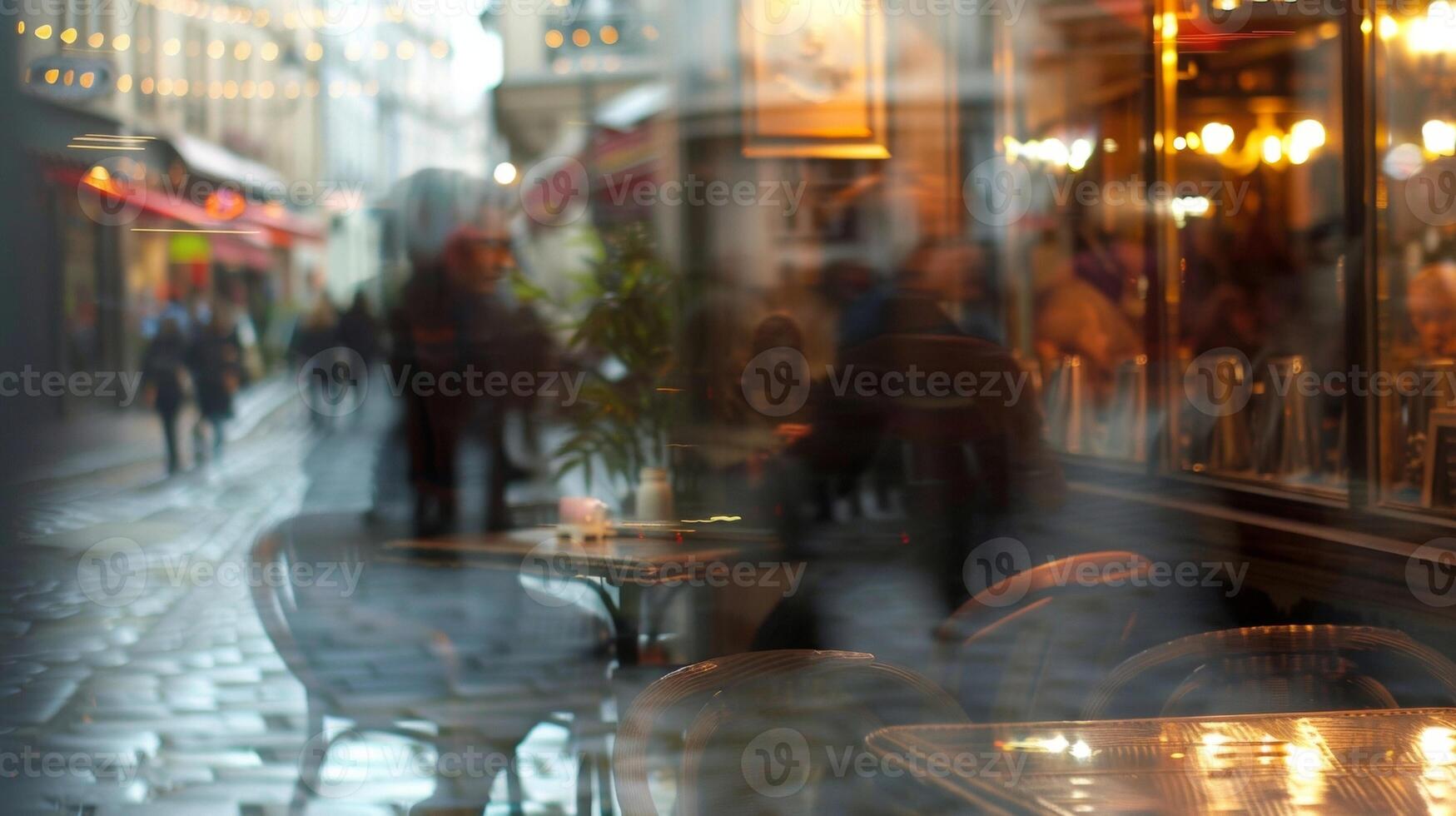 Softly blurred reflections of pedestrians and traffic outside a quaint cafe evoking a sense of peaceful detachment from the hustle and bustle of the outside world. photo