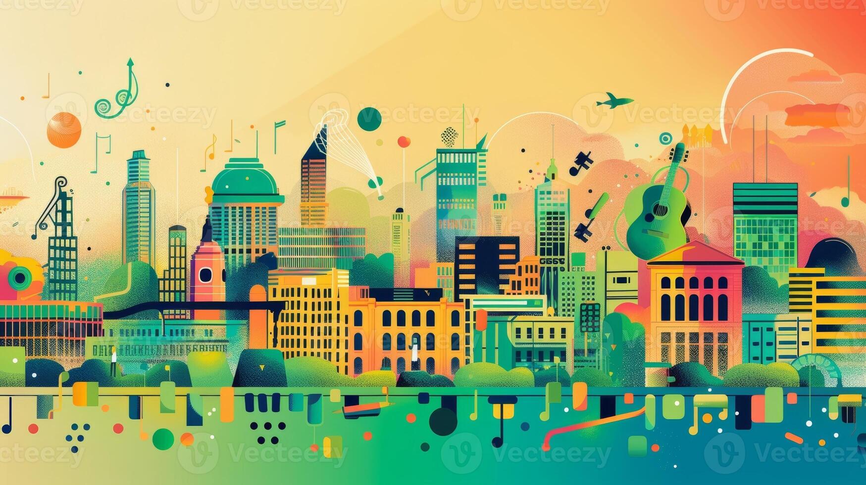 An illustration of a cityscape divided into different sections each one representing a specific music genre and showcasing their impact on the citys cultural scene photo